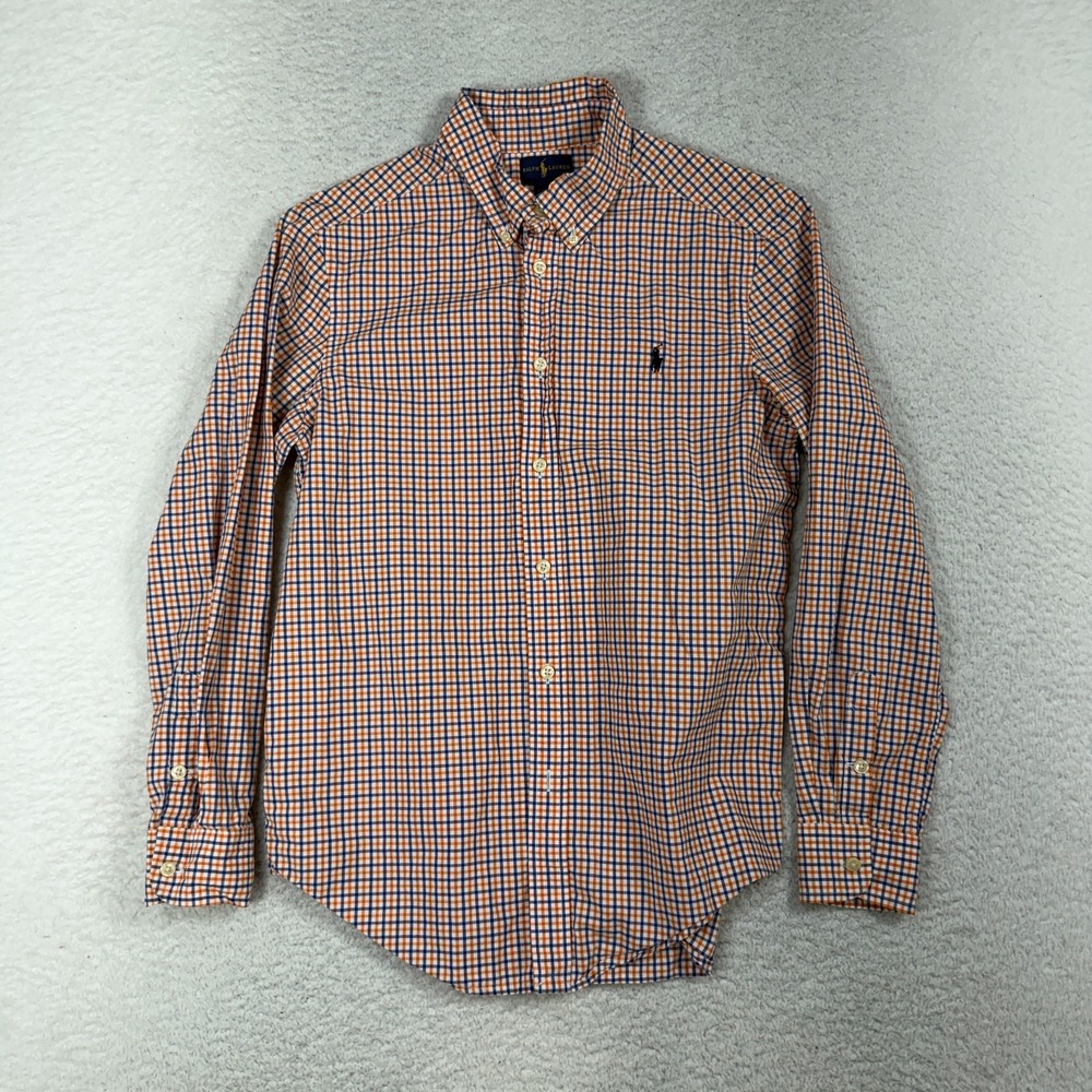 Ralph Lauren Orange Blue Plaid Long Sleeve Button Down Shirt Kids Size L 14-16